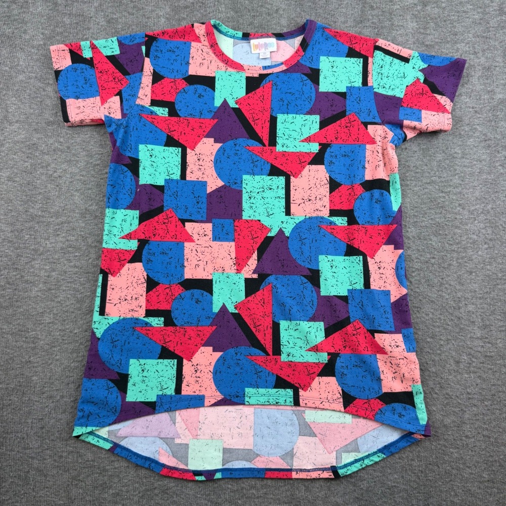 LuLaRoe Geometric Print Tunic Top Women 10 Multi-Color High-Low Short Sleeve